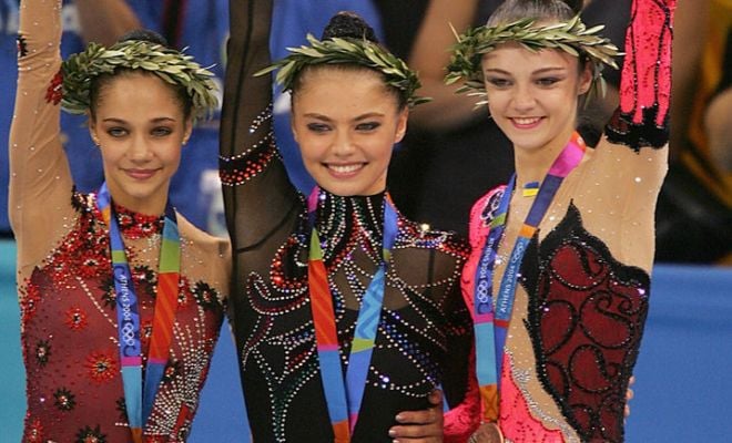 Irina Chaschina, Alina Kabaeva and Anna Bessonova at the Olympic Games in Athens