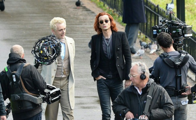 Michael Sheen on the movie set of the series Good Omens