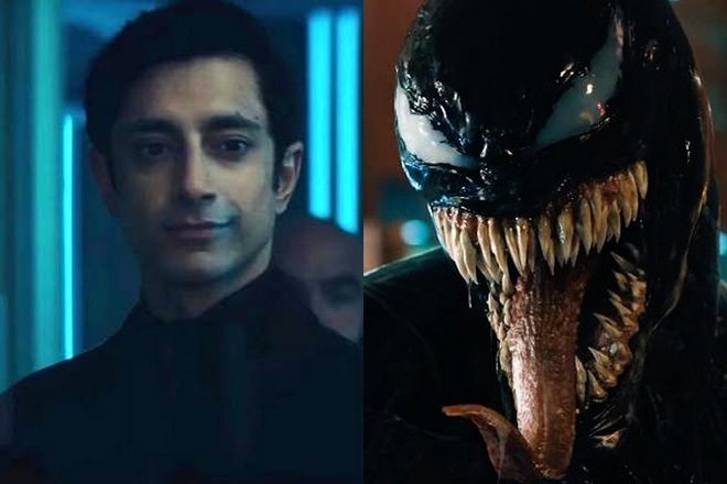 Riz Ahmed as Carlton Drake (left) and Riot (right) in the movie Venom