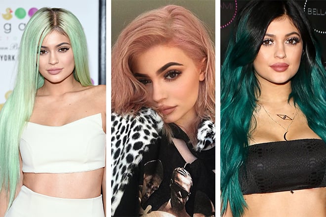 Kylie Jenner with green, pink, salad hair