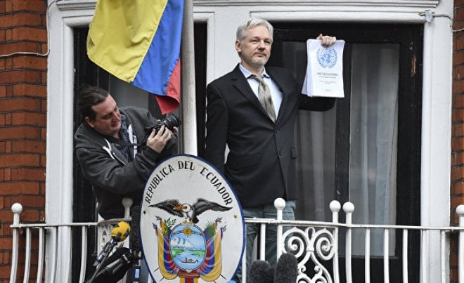 Julian Assange on the balcony of Embassy of Ecuador in London