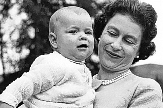 Prince Andrew in his childhood and his mother Elizabeth II