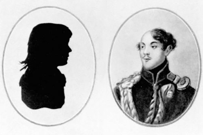 Silhouette and portrait of Lev Tolstoy's parents