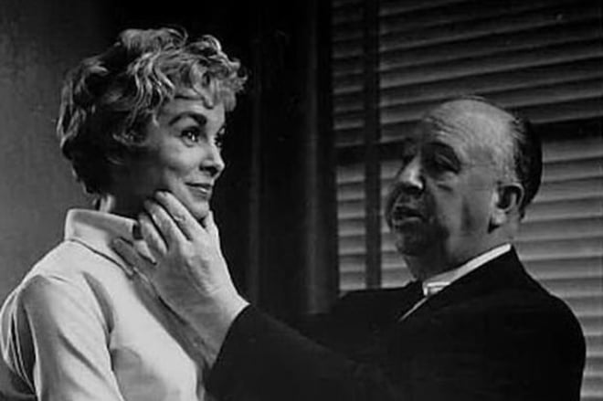 Alfred Hitchcock and Janet Leigh at the “Psycho” movie set