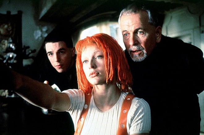 Luc Besson and Milla Jovovich at the movie “The Fifth Element” set