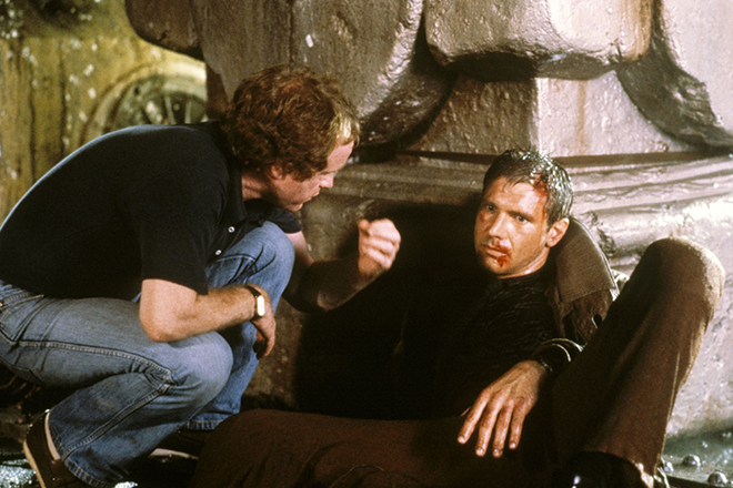 Ridley Scott and Harrison Ford on the movie set of " Blade Runner"