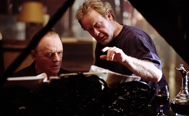 Ridley Scott and Anthony Hopkins on the movie set "Hannibal"