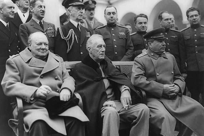 Winston Churchill, Franklin Roosevelt, and Joseph Stalin at The Yalta Conference