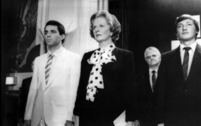 Garry Kasparov, Margaret Thatcher, and Anatoly Karpov. London, 1986