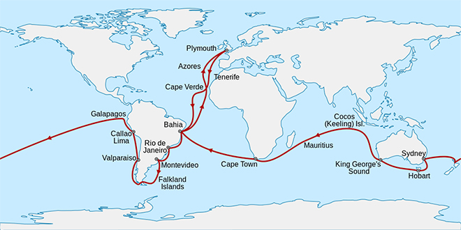 Charles Darwin’s travel map