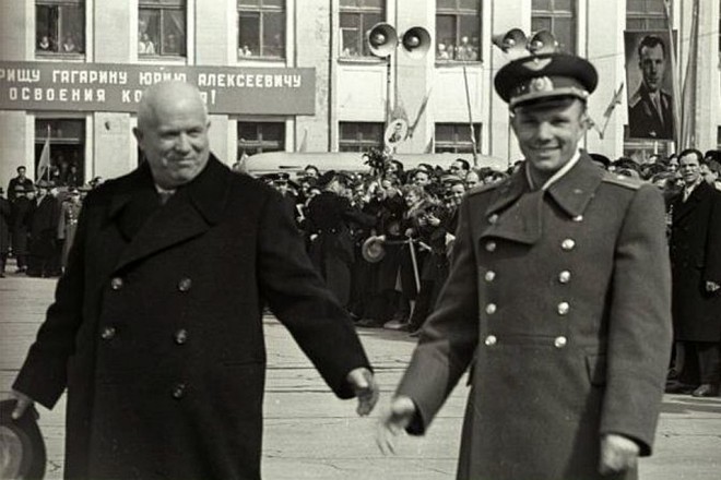 Nikita Khrushchev and Yuri Gagarin