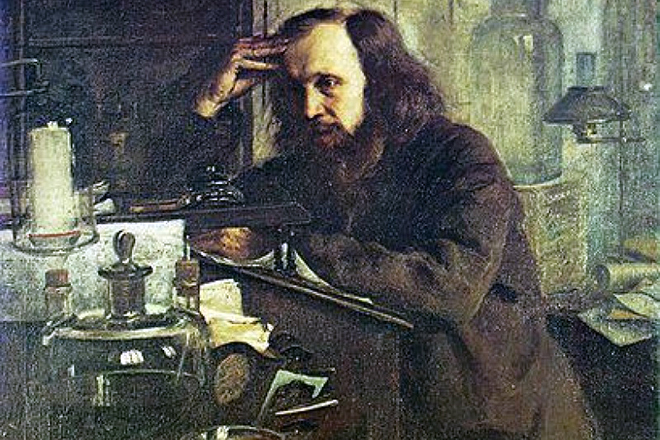 The chemist Dmitri Mendeleev at the laboratory