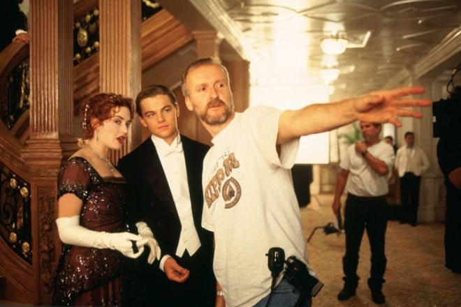 Kate Winslet, Leonardo DiCaprio and James Cameron on the movie set of "Titanic"