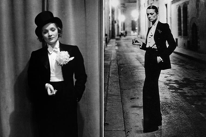 Marlene Dietrich demonstrates Yves Saint Laurent’s collection “Tuxedo”