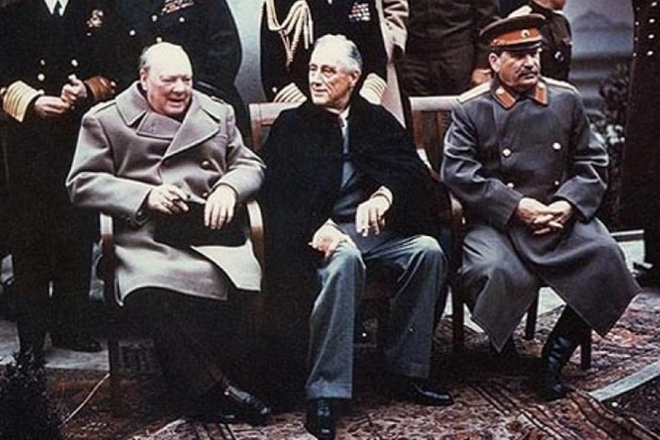 Winston Churchill, Franklin Roosevelt, and Joseph Stalin