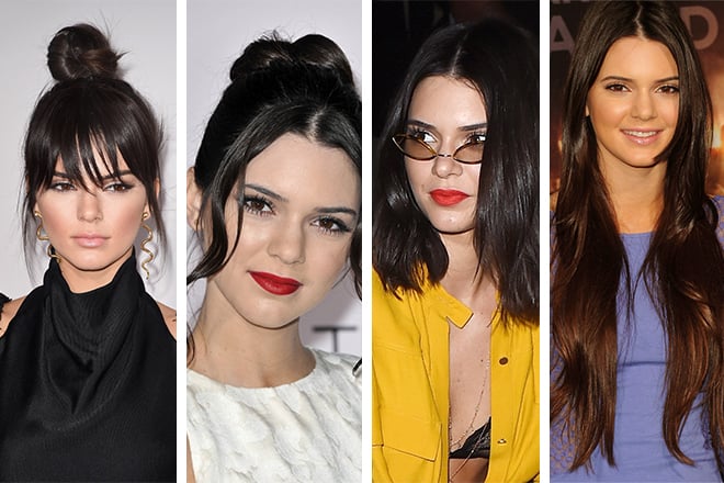 Kendall Jenner with a fringe, with a fashionable haircut, with long and short hair
