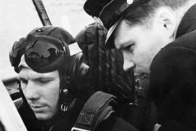 Lieutenant Yuri Gagarin on board the plane during his service in the polar region, 1958