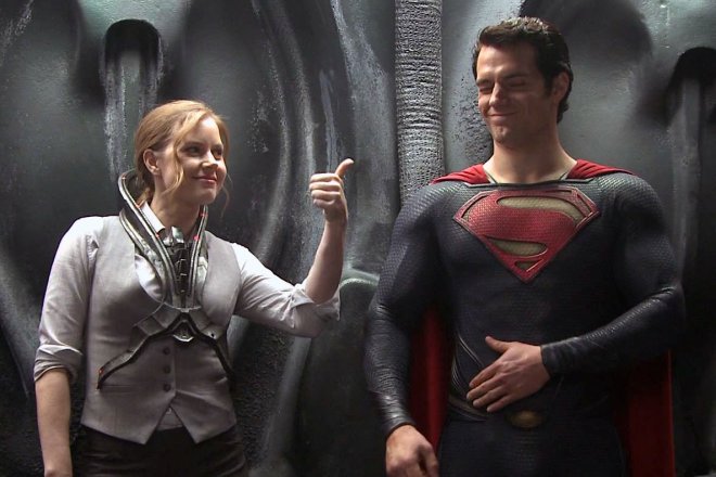 Amy Adams and Henry Cavill on the set of the film Man of Steel