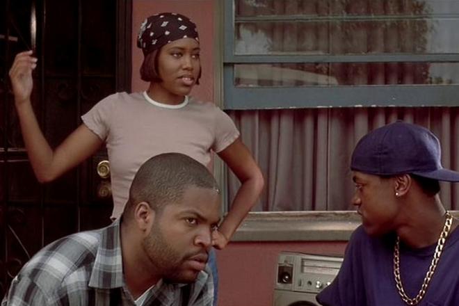 Ice Cube, Regina King, and Chris Tucker in the movie Friday