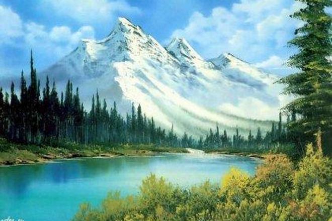 Bob Ross' "The sea and the mountains" painting