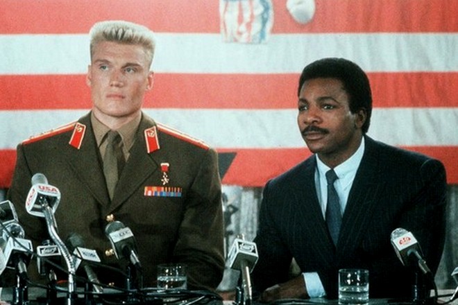 Carl Weathers and Dolph Lundgren in Rocky IV