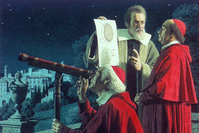 Galileo Galilei is showing his telescope to Pope Paul V