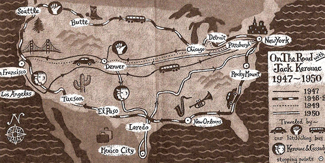 A map from Jack Kerouac's book On the Road