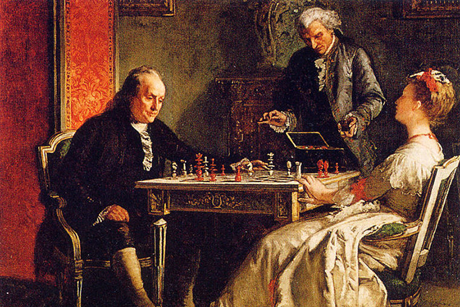 Benjamin Franklin is playing chess