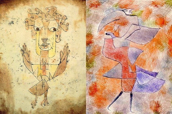Paintings by Paul Klee Angelus Novus (New Angel) and Diana in the Autumn Wind