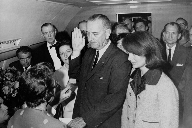 Lyndon B. Johnson is swearing in on Air Force One