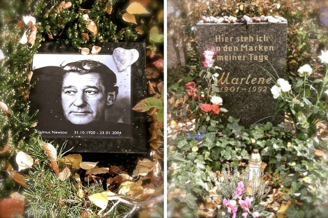 The graves of Helmut Newton and Marie Magdalene "Marlene" Dietrich alongside each other