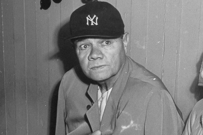 Babe Ruth in the dug-out of Yankees stadium two months before his death