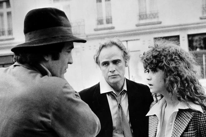 Marlon Brando, Bernardo Bertolucci, and Maria Schneider on the set of the Last Tango in Paris