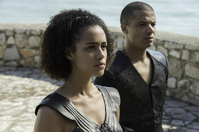 Missandei (Nathalie Emmanuel) and Grey Worm (Jacob Anderson)