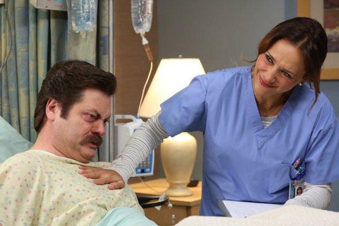 Nick Offerman and Rashida Jones on in the series Parks and Recreation