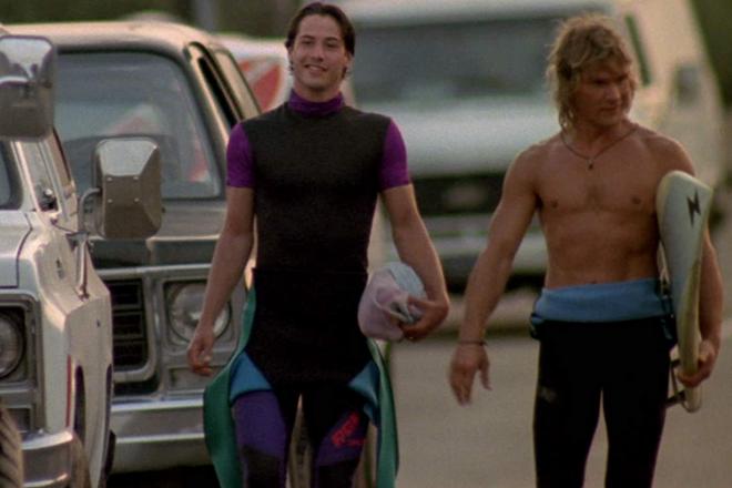 Patrick Swayze and Keanu Reeves (the shot from the film Point Break)