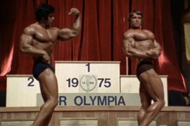 Lou Ferrigno and Arnold Schwarzenegger at the competition "Mr. Olympia"