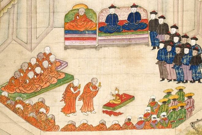 Last picture of "Finding a Dalai Lama" representing, the enthronement of 9th Dalai Lama by Mongolian ambassador, Manjubazar (right to him), with ambans on the right sit.