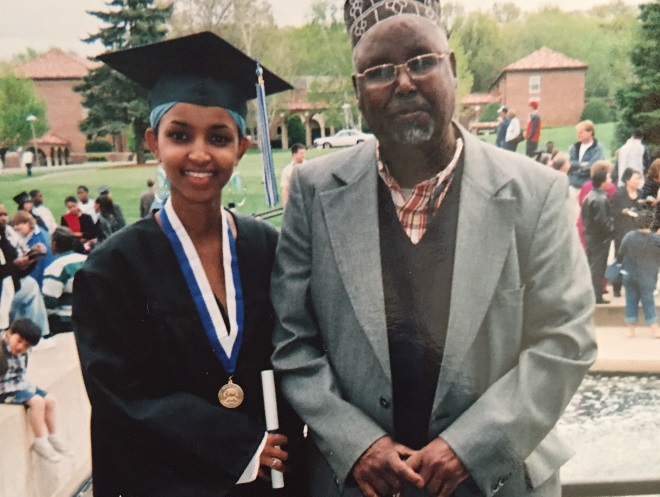 Ilhan Omar with her grandfather, Baba Abukar, at her college graduation
