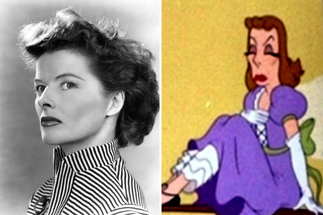 Katharine Hepburn and the character of the cartoon Mother Goose Goes Hollywood