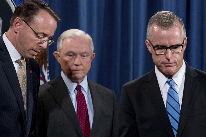 Deputy Attorney General Rod Rosenstein (from left), Attorney General Jeff Sessions and onetime acting FBI Director Andrew McCabe