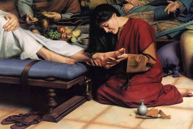 Mary Magdalene washes the feet of Jesus Christ