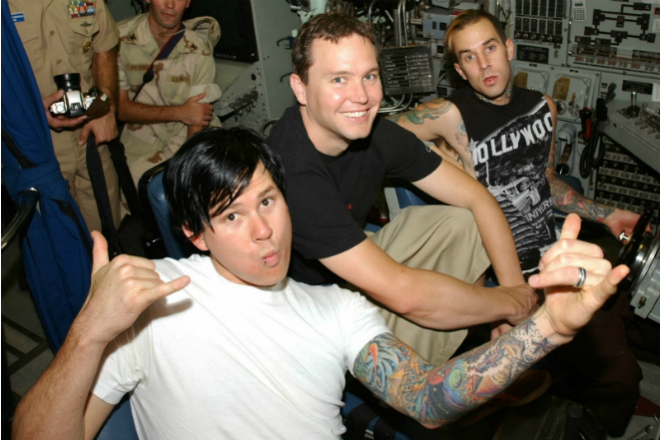 Tom DeLonge, Mark Hoppus and Travis Barker in Blink-182