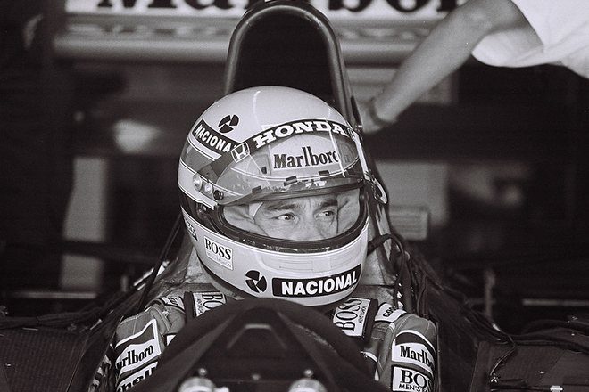 Ayrton Senna wearing a helmet