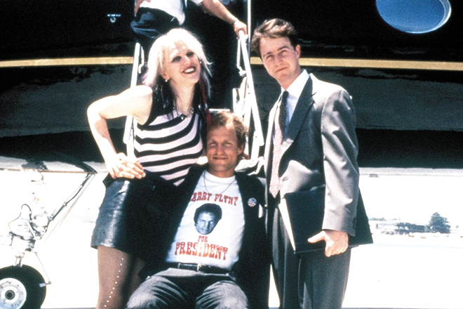 Courtney Love, Edward Norton, and Woody Harrelson at the movie set of The People vs. Larry Flynt