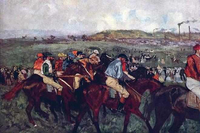 Painting by Edgar Degas At the Races, Gentlemen Jockeys