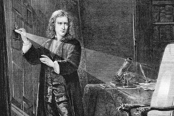 Isaac Newton is studying light refraction