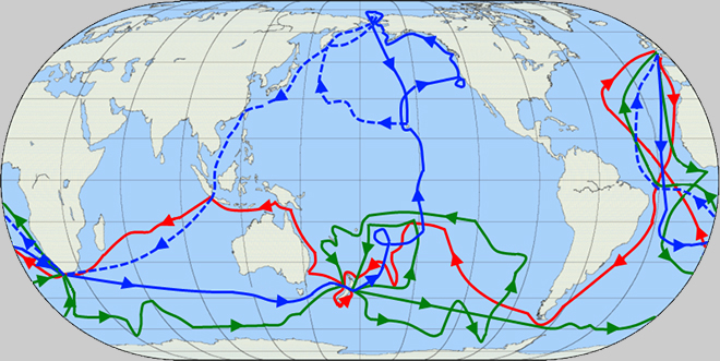 James Cook expeditions: the first in red, the second in green, and the third in blue