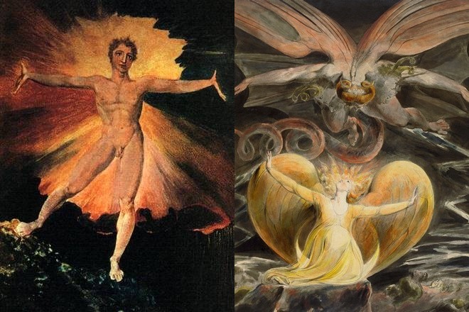 The paintings of William Blake's Glad Day or The Dance of Albion and The Great Red Dragon and the Woman Clothed with the Sun