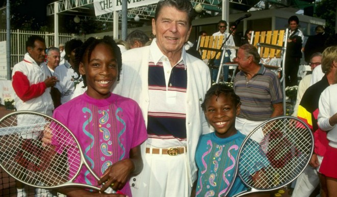 Serena Williams with her sister and Ronald Reagan